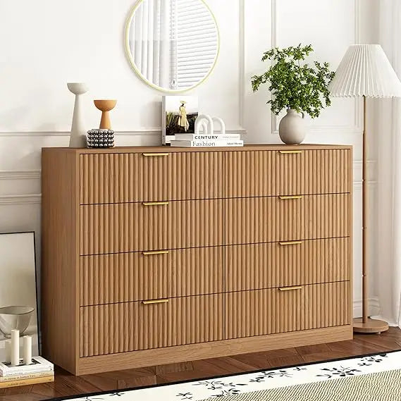 8 Drawer Dresser for Bedroom, Modern Fluted Double Dresser, 55" Wide Chest of Dressers, Mid Century Wooden Beside Table for Clos