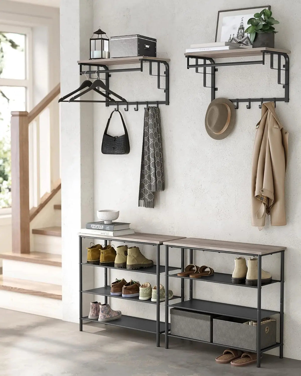 VASAGLE Wall wardrobe with Shelf Wall Shelf with 5 Removable Hooks Wall Mounted Hanger Regardless with Hanging Bar