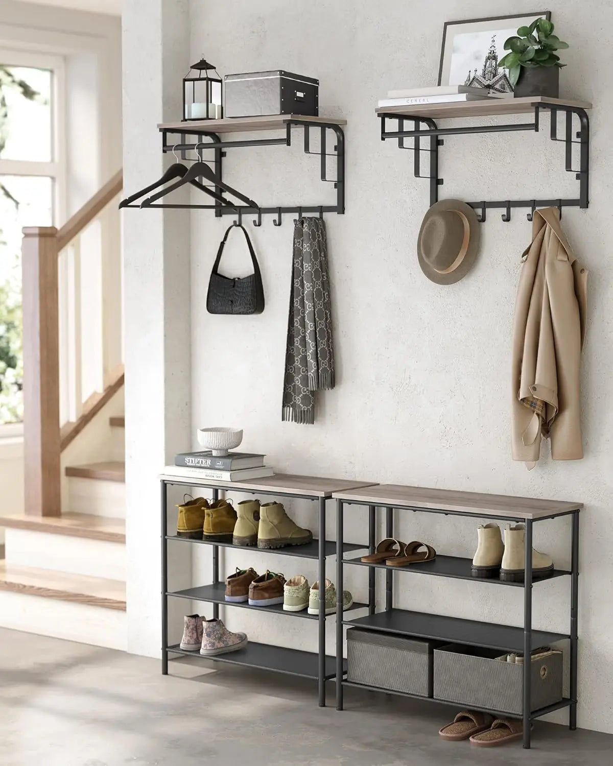 VASAGLE Wall wardrobe with Shelf Wall Shelf with 5 Removable Hooks Wall Mounted Hanger Regardless with Hanging Bar