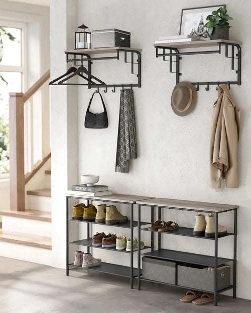VASAGLE Wall wardrobe with Shelf Wall Shelf with 5 Removable Hooks Wall Mounted Hanger Regardless with Hanging Bar
