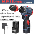 16.8V 2 in 1 Electric Screwdriver Lithium Battery Drill Handheld Power Tool 45Nm Torque Brushless Motor Cordless Screw Driver