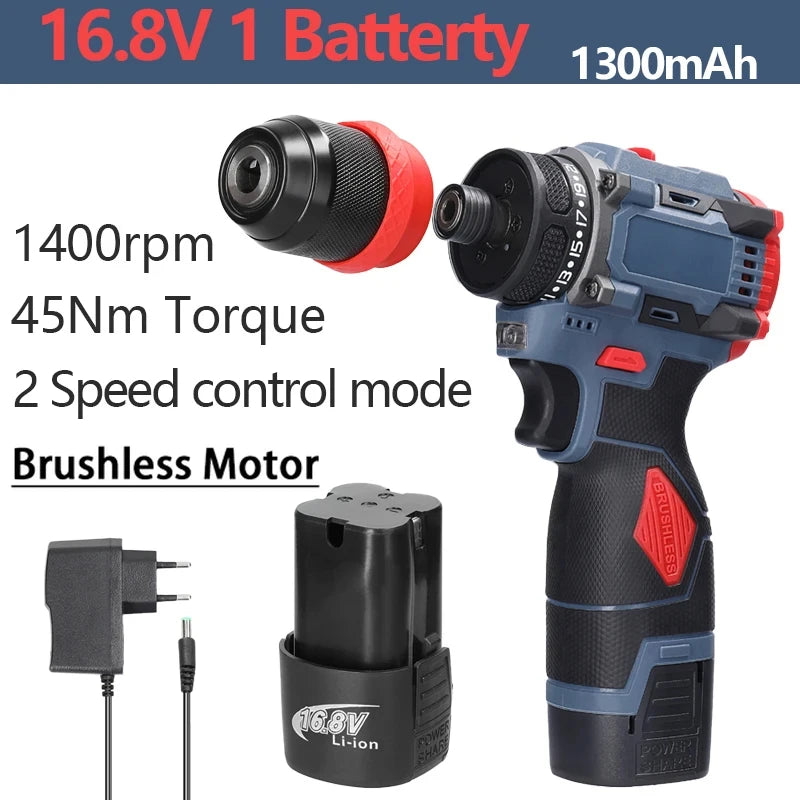 16.8V 2 in 1 Electric Screwdriver Lithium Battery Drill Handheld Power Tool 45Nm Torque Brushless Motor Cordless Screw Driver