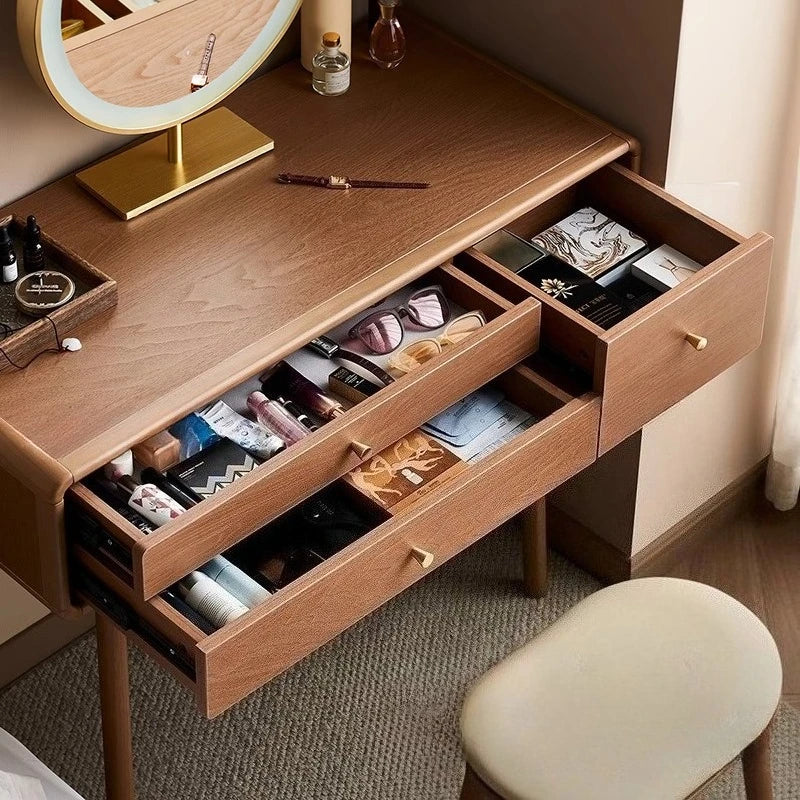 Dresser Bedroom Household Small Apartment Solid Wood Leg Makeup Table With Makeup Mirror Vanity Desk With Light Mirror With Seat