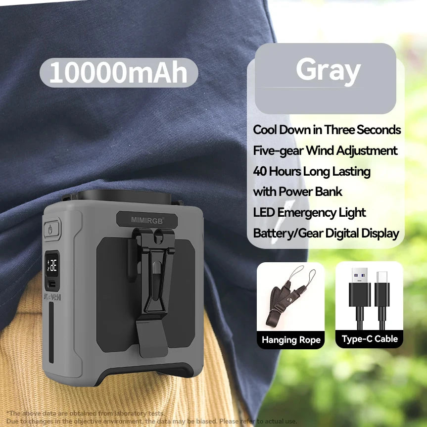 10000mAh Portable Waist Fan with Power Bank LED Lighting Hanging Neck