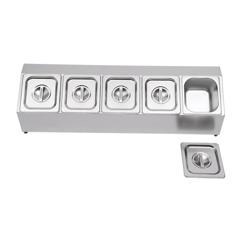 Spice Rack Shelf Stainless Steel Organizer Stand W/ 5*1/6 Pans W/ Lids Countertop Inclined Holder for Sauce Fruits Kitchen Use