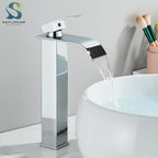 Chrome Bathroom Basin Faucet Waterfall Faucet Single Handle Wide Spout High Style Hot Cold Water Tap  for Bathroom