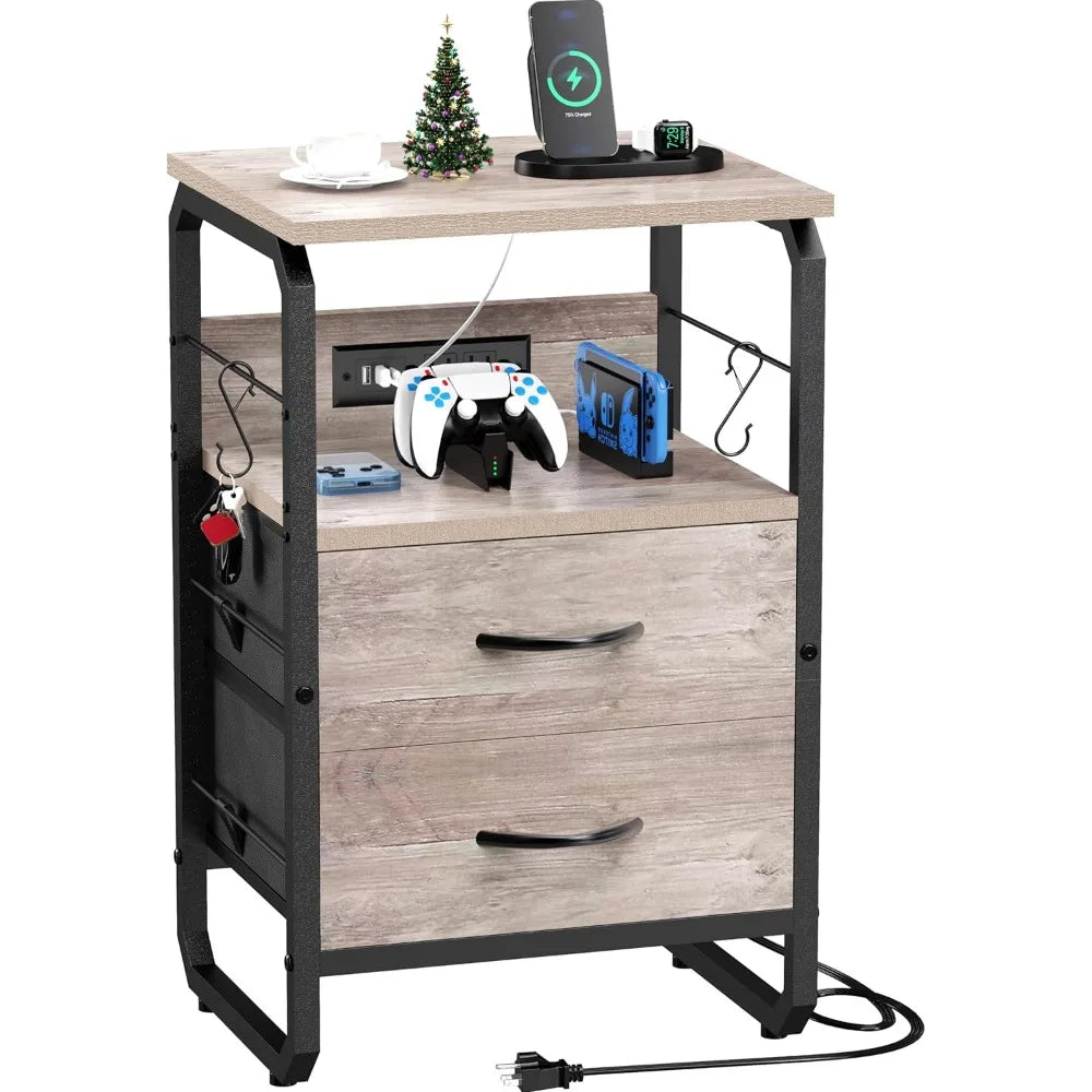 Bed Side Table with 3 Fabric Drawers,  LED Nightstand with Hooks, Bedside Table with Charging Station, End Table with Storage