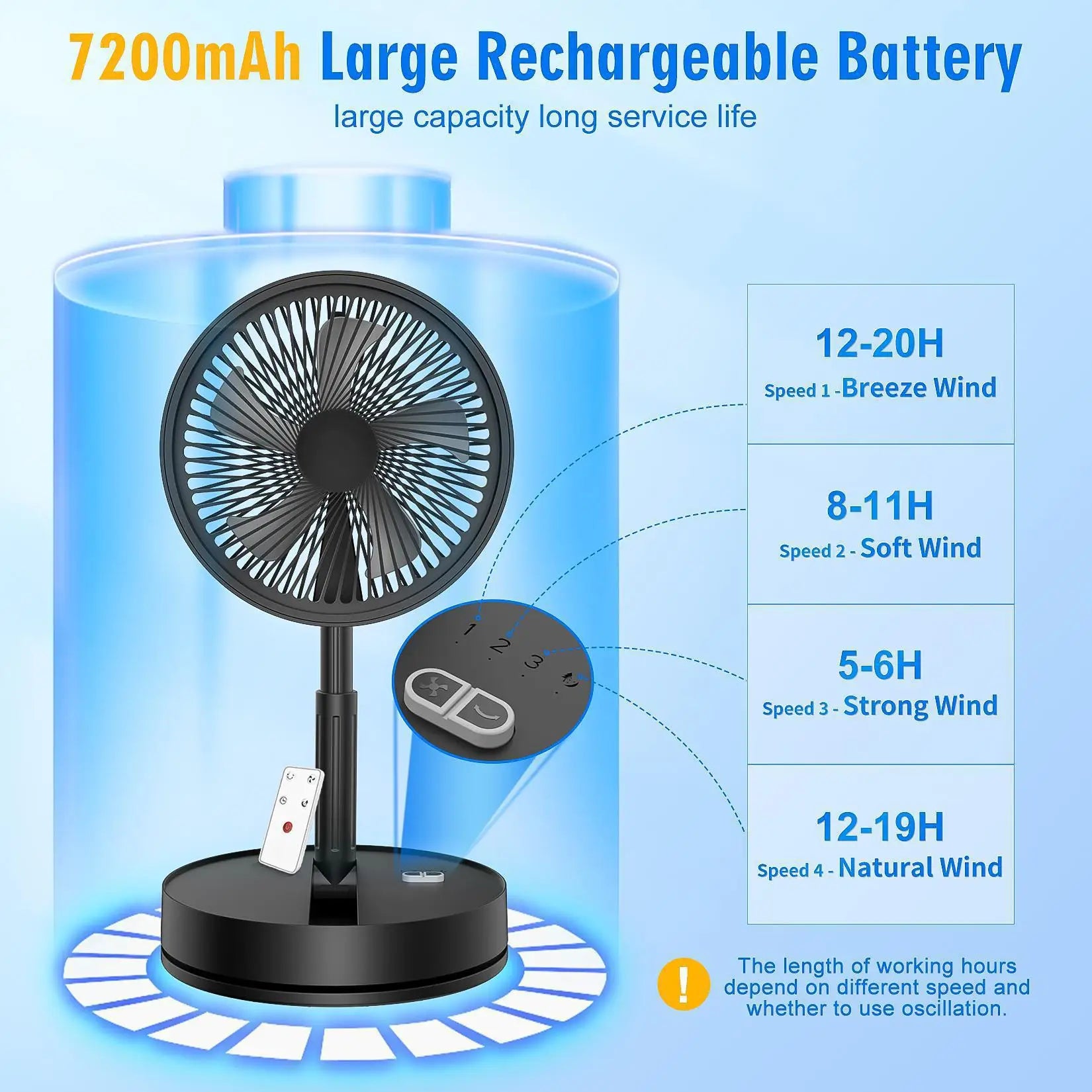 Wireless Folding Desk Fan Telescopic Outdoor Travel Camping Floor Low