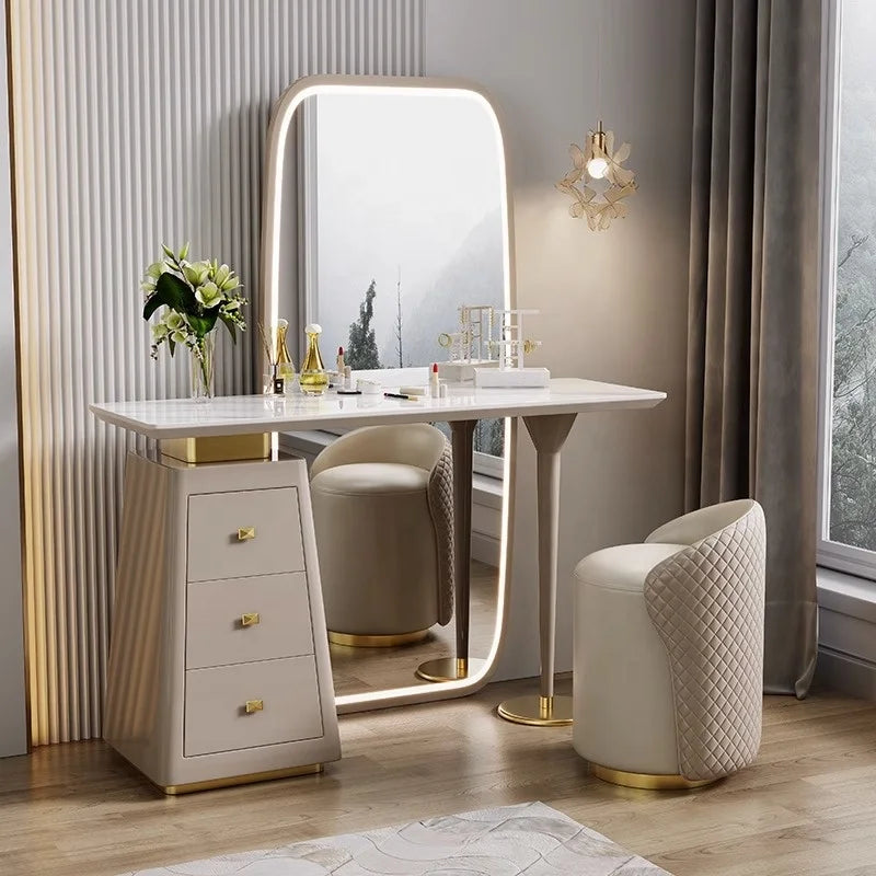 Simple Marble Top Dresser Drawer Dresser Bedroom Drawer Mirror Set Stainless Steel Base Makeup Vanity