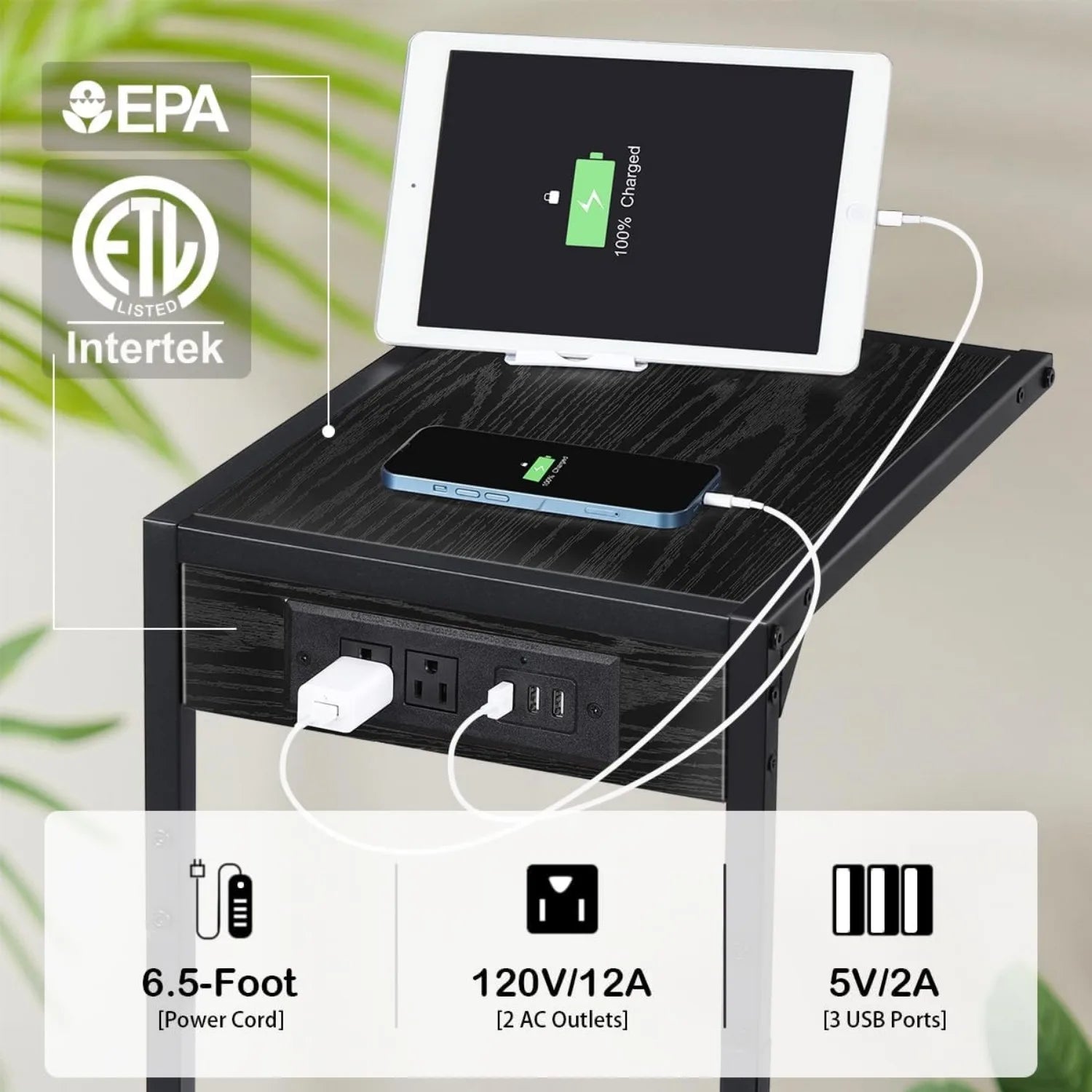 Set of 2 C-Shaped End Tables w/ Charging Station | USB & Outlets | Slide-Under Couch Design for Living Room/Bedroom | Black
