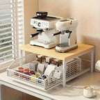 Space-Saving Kitchen Countertop Organizer Made of Sturdy Hardwood with Drawer and Wire Basket for Coffee Maker