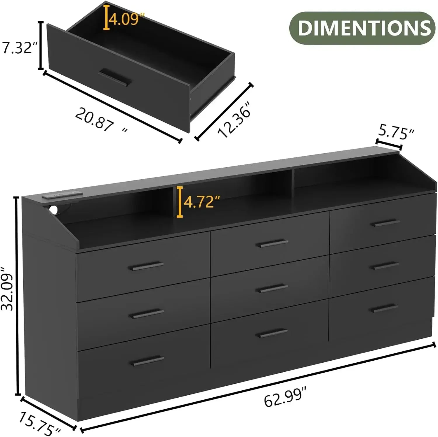 Dresser for Bedroom with Power Outlet, Modern Chest of LED Light, Open Storage Cubby, Organizer, Entryway, Living Room, Black