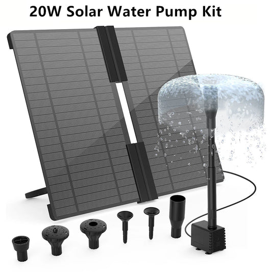 20W Solar Water Pump Kit, Solar Powered Water Fountain Pump with 6 Nozzles, Water Feature Outdoor Fountain for Bird Bath