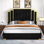 King Size Platform Bed Frame, 65" Velvet Upholstered Bed with Gold Trim Headboard/Wooden Slats/No Box Spring Needed/Black