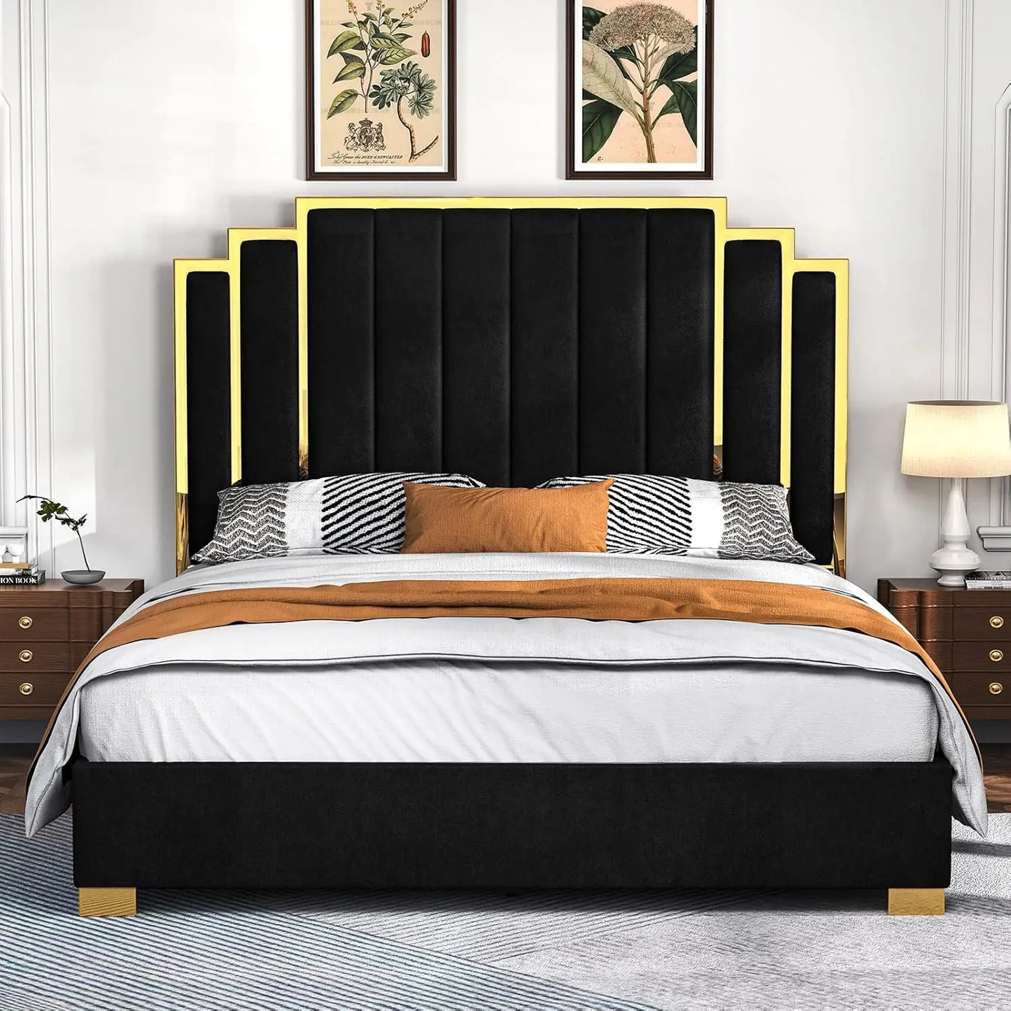 King Size Platform Bed Frame, 65" Velvet Upholstered Bed with Gold Trim Headboard/Wooden Slats/No Box Spring Needed/Black