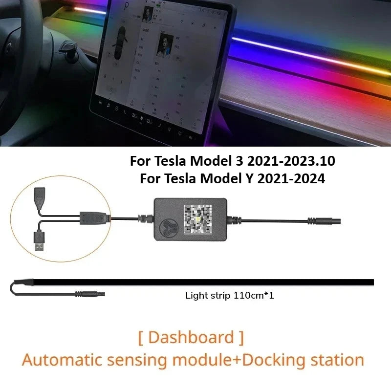 For Tesla Model 3 Y 64Colors RGB Neon LED Center Console Dashboard Wireless Charging Light Ambient Lamp USB Power APP Controller