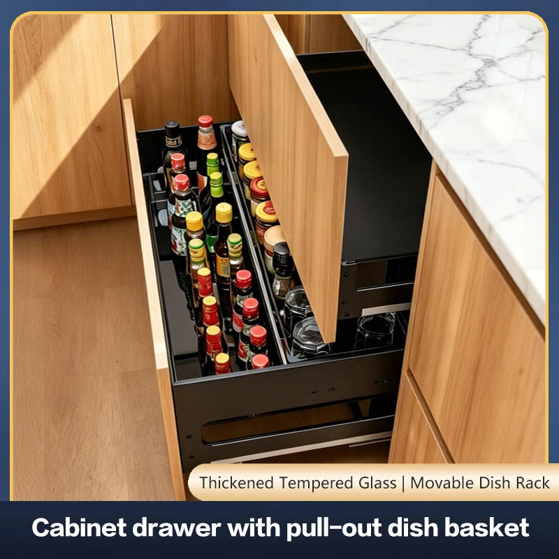 Kitchen Cabinet Drawer Type Double Layer Basket For Bowls Dishes Aluminum Alloy Large Capacity Pull Out Durable Space Saving
