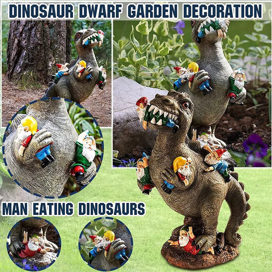 Garden Dinosaur Eating Gnome Statues Funny Resin Figurines Outdoor Sculpture Decor for Garden Patio Lawn Yard Ornament Decor
