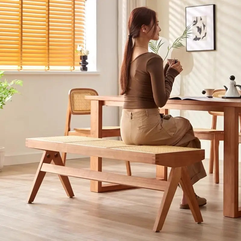 Handmade Rattan Bench with Wabi - Sabi Flair: Solid Wood, Multifunctional for Home & Shoe Storage