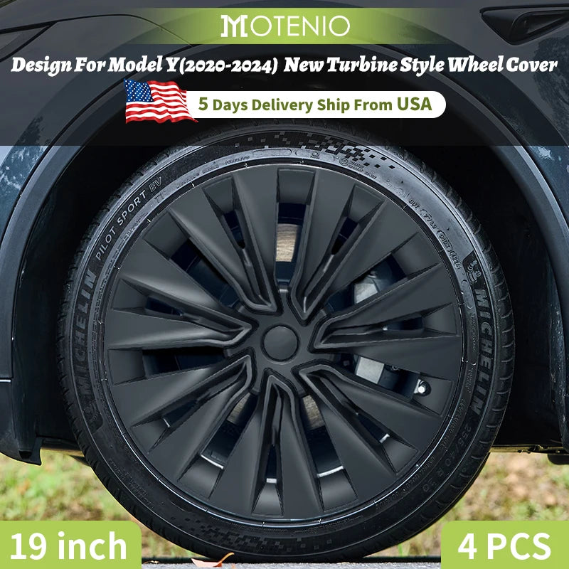4PCS Hubcap for Model Y 2020-2024 19 Inch New Turbine Style Silver Black Cover Hub Cap Replacement Wheel Cap Design for Tesla