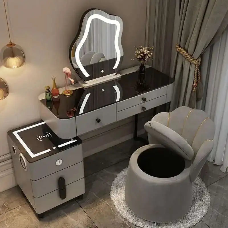 Luxury Glass Dressing Table with Smart Wireless Charging Bedroom Vanity Nightstand Makeup Table Drawers with Led Mirror Dresser