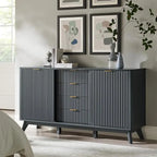 60" Fluted Dresser with Sliding Doors and 4 Drawers, Modern Chest w/Faux Marble Top, Curved Profile Design, Dresser