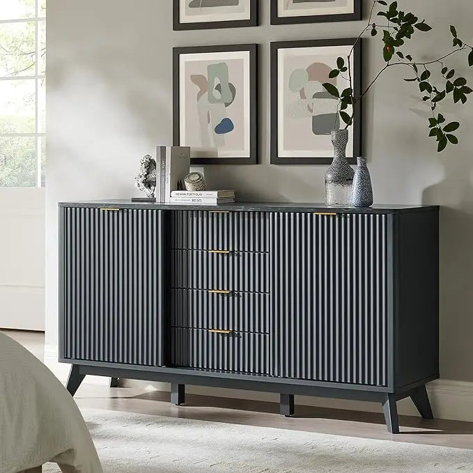 60" Fluted Dresser with Sliding Doors and 4 Drawers, Modern Chest w/Faux Marble Top, Curved Profile Design, Dresser