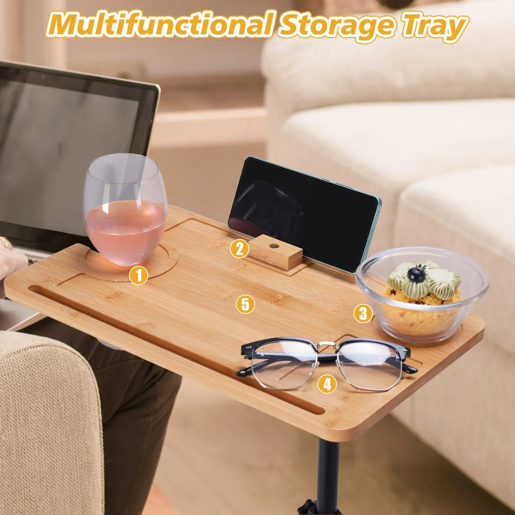 C-shaped Small Square Table, 360° Rotatable Sofa Tray Adjustable Height, Suitable for Bedroom, Living Room, Bathroom