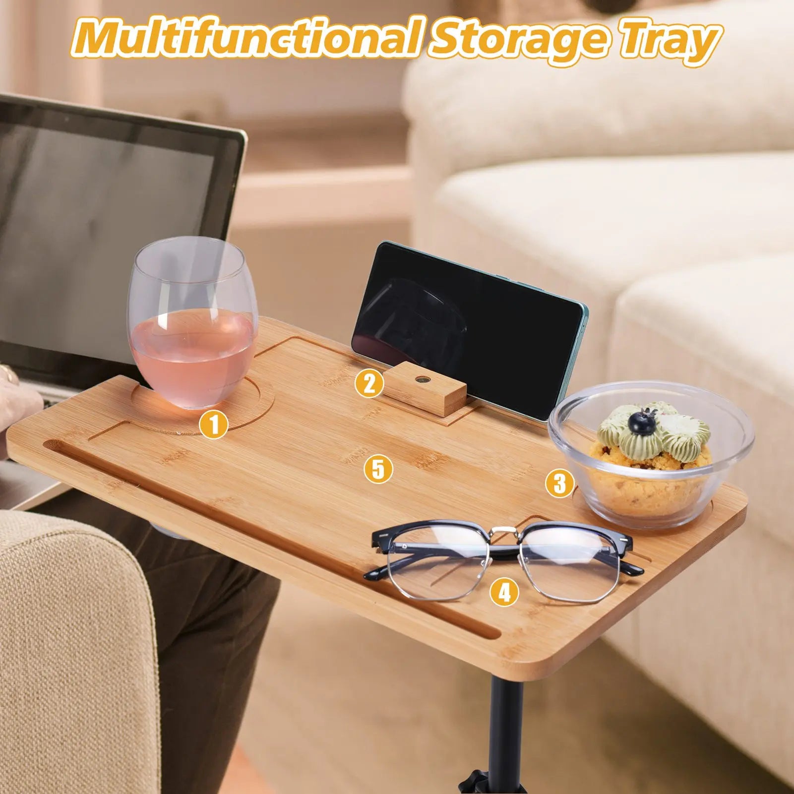 C-shaped Small Square Table, 360° Rotatable Sofa Tray Adjustable Height, Suitable for Bedroom, Living Room, Bathroom