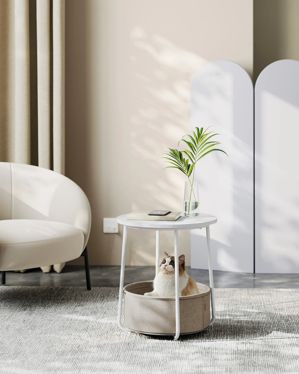 VASAGLE side table round small table coffee table small living room table with fabric basket living room storage space