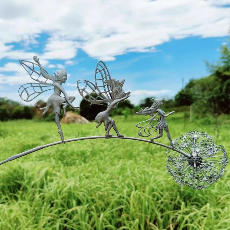Garden Decorative Fairies and Dandelions Dance Together Metal Garden Yard Art Decor Lawn Landscape Sculpture Pixies Decoration