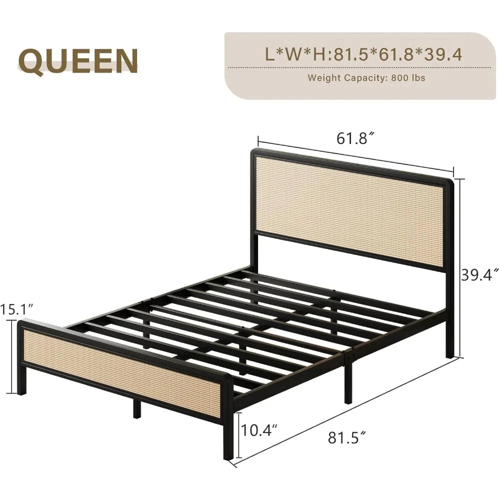Rattan Queen Bed Frame with Headboard, Metal Platform Bed Frame Queen Size, Strong Steel Slats Support, No Box Spring Needed