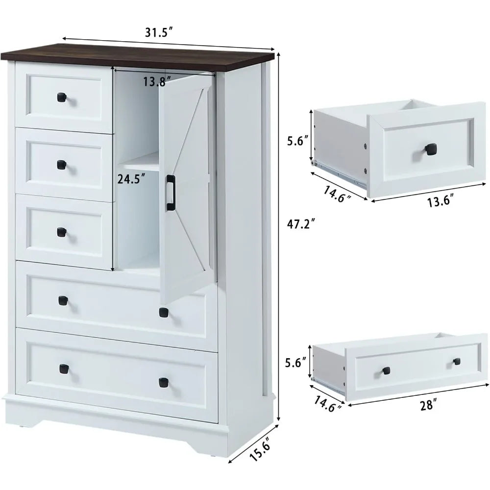 White Dresser for Bedroom, 5 Drawers Farmhouse Wood Dresser with Double Storage Cabinet, 48 Inches Tall Chest of Drawers for Be