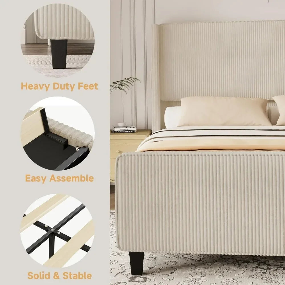 King Size Upholstered Bed Frame with USB Charging Ports - Tall Wingback Headboard & Footboard, Easy Assembly Design