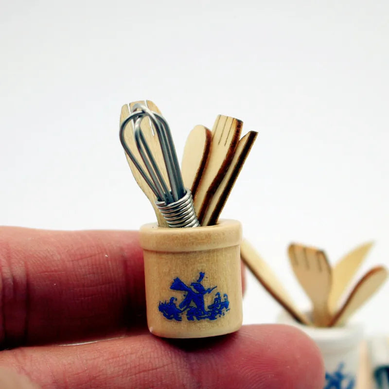 Miniature Dollhouse Kitchen Tools Set Wooden Spatula Knife Fork Egg Beater Jar For Home Decor Photography Props Mini Toys