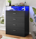 Dresser for Bedroom with Column Design,4 Drawer Dresser with Charging Station, Modern Bedroom Led Tall Black Dresser for Bedroom