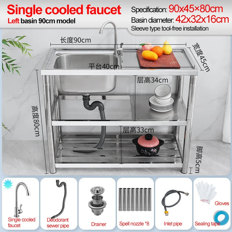Stainless Steel Sink Kitchen Household Thickened Single Trough with Bracket Wash Basin Sink with Platform Easy Landing