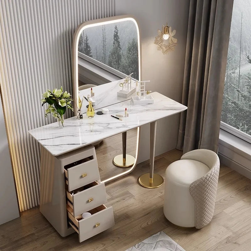 Simple Marble Top Dresser Drawer Dresser Bedroom Drawer Mirror Set Stainless Steel Base Makeup Vanity
