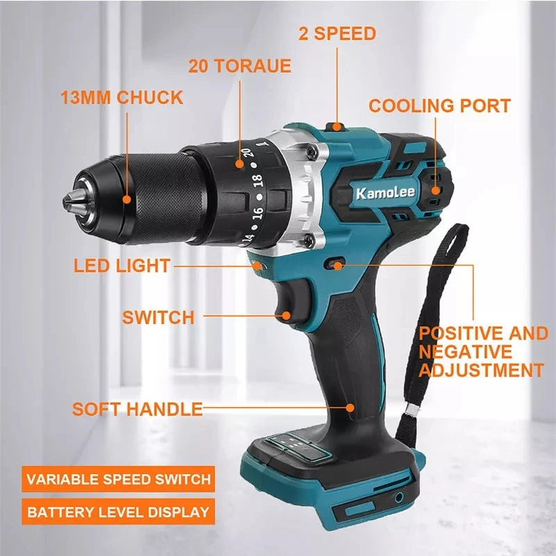 Kamolee 13MM New Brushless Electric Impact Drill Cordless Screwdriver Lithium Battery Charging Hand Drill For Makita 18V Battery