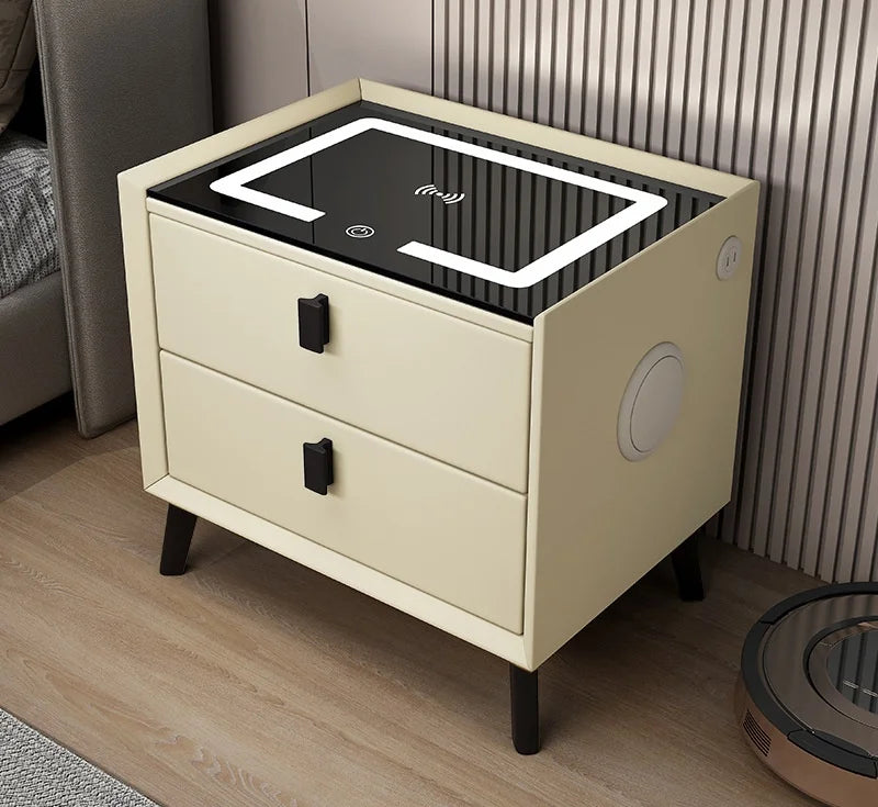 Nordic Style Smart Bedside Table with 2 Drawers 50cm Leather Nightstan