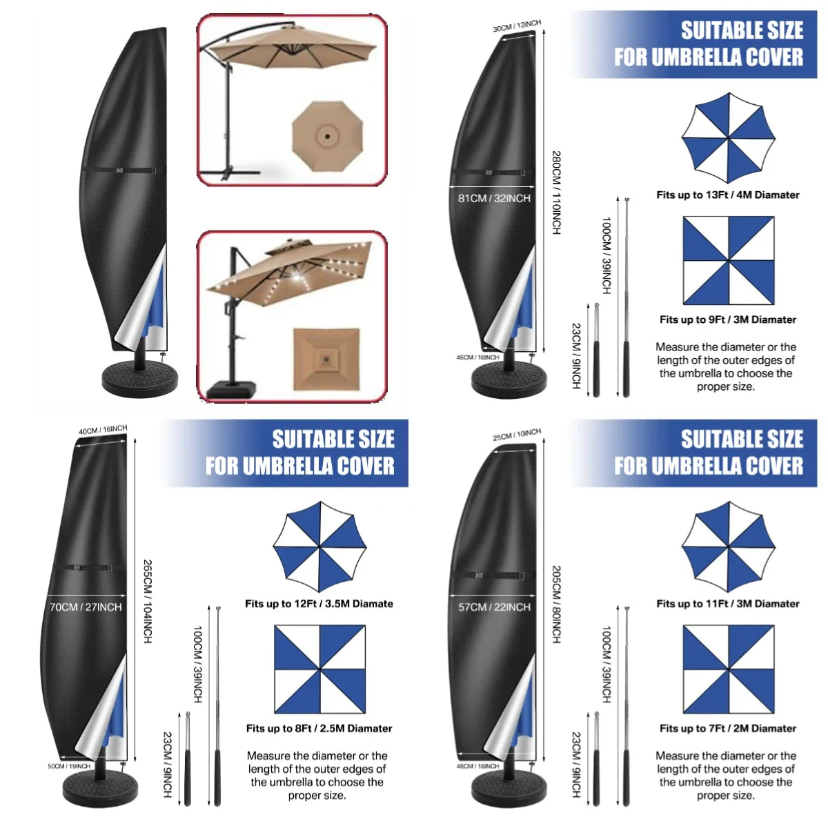 Waterproof Parasol Cover with Rod Cantilever Parasol Protective Cover Snowproof UV-Anti Wind/Weatherproof Umbrella Covers