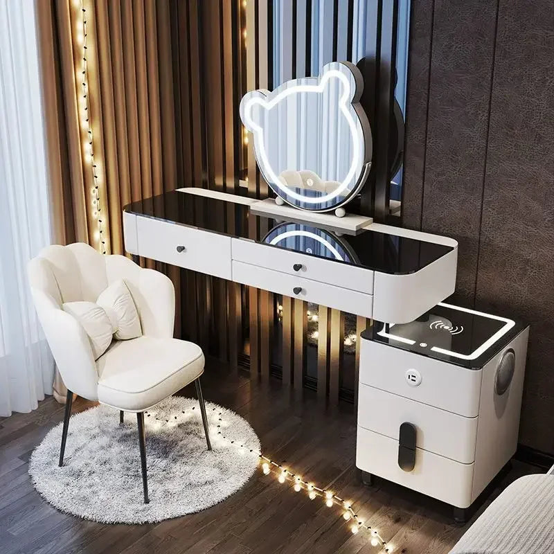 Modern Dressing Table with Smart Wireless Charging Luxury Bedroom Multifunctional Makeup Table with Chair Sound Cloud Led Mirror