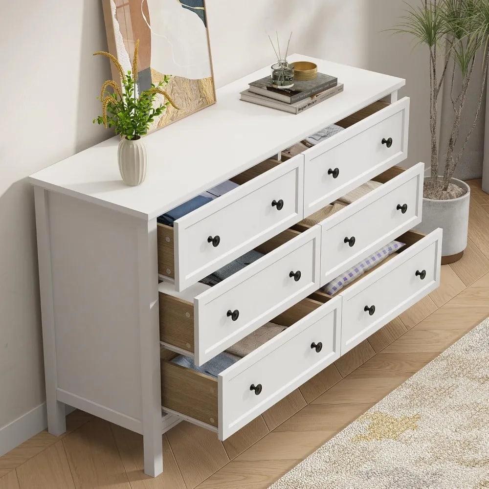 White Dresser for Bedroom, 6 Drawer Dresser with Wide Drawer and Metal Handles, Wood Dressers & Chests of Drawers for Hallway,