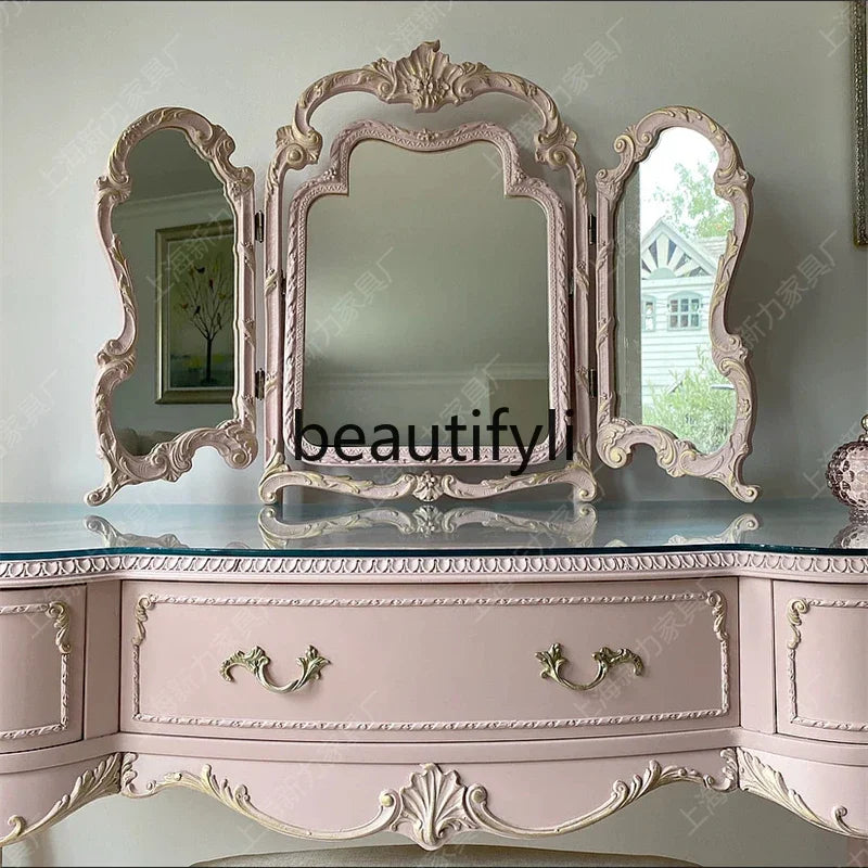 NEW y French retro pink dresser solid wood carving flower dressing table makeup stool glass combination