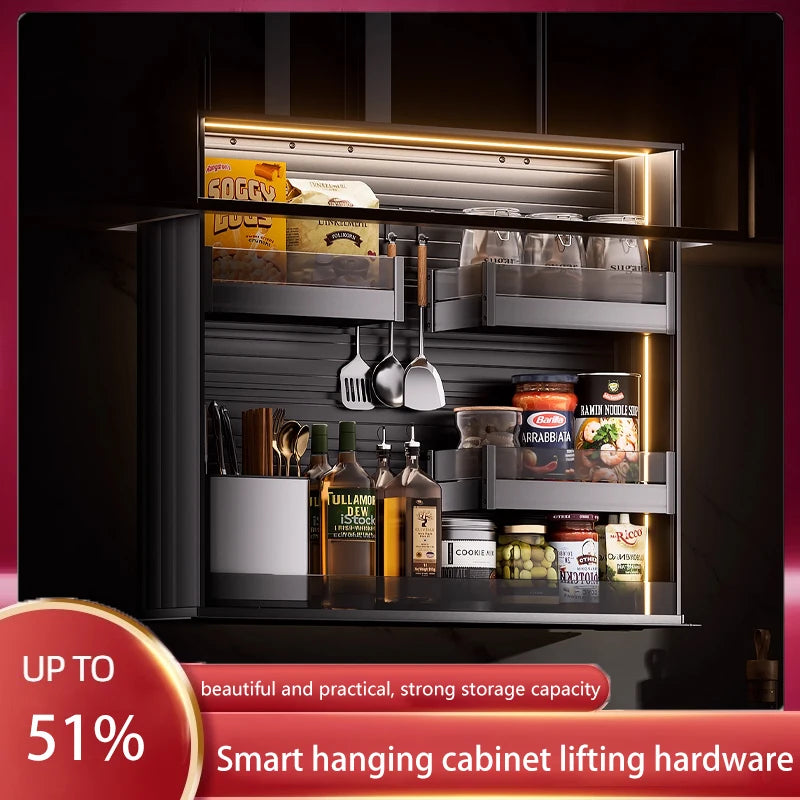 Kitchen electric vertical lift cabinet pull-out basket voice control touch automatic seasoning seasoning basket pull-down
