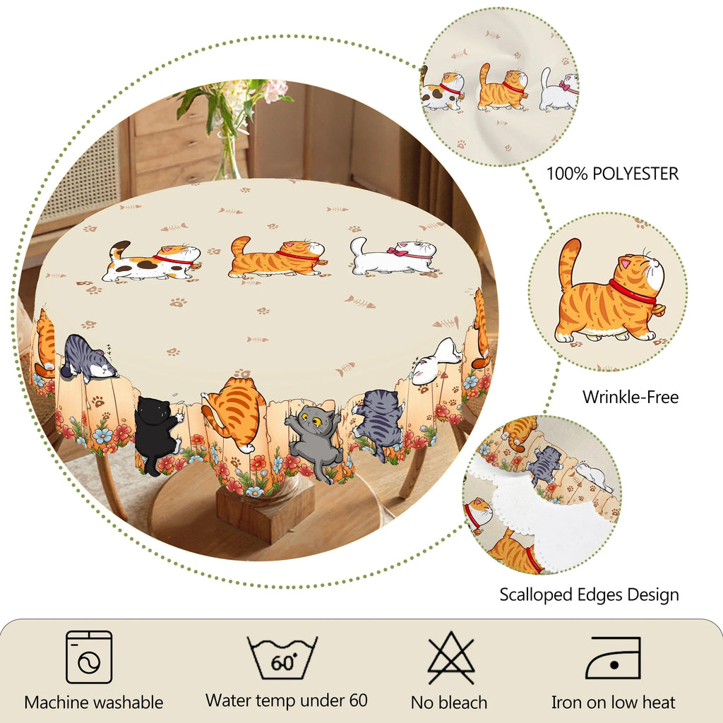 Kitchen Table Cloth Cute Cat Round Tablecloth Home Decor Available Cartoon Pattern Printed Desk Tablecloth Process Courtyard