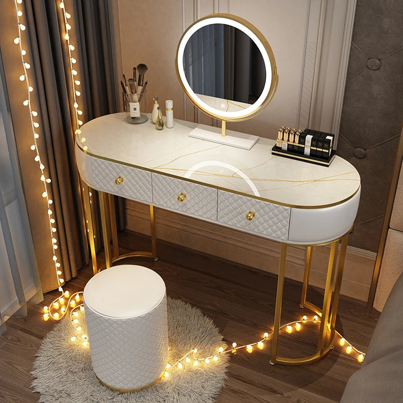 Nordic vanity chair white bedroom LED light Dresser storage cabinet makeup Dressing table light mirror stool bedroom furniture