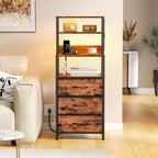 Night Stand, Tall Nightstand with 4-Tier Shelves and 3 Fabric Drawers, LED Bed Side Tables with Charging Station, Bedside Table