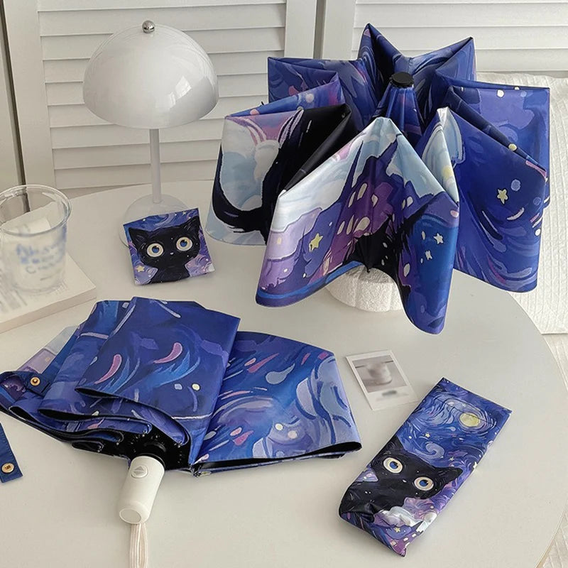 Cartoon Cat Purple Folding Umbrella Professional Sun Protection And UV Protection Umbrella Dual use of Rain and Sunny Automatic