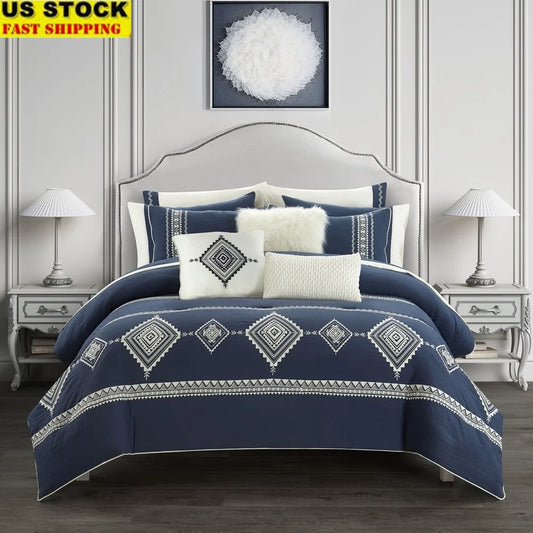 Navy 12-Piece Bed in a Bag Comforter Set with Sheets Decorative Pillows Soft Fabric Queen Bedding Set Machine Washable Durable